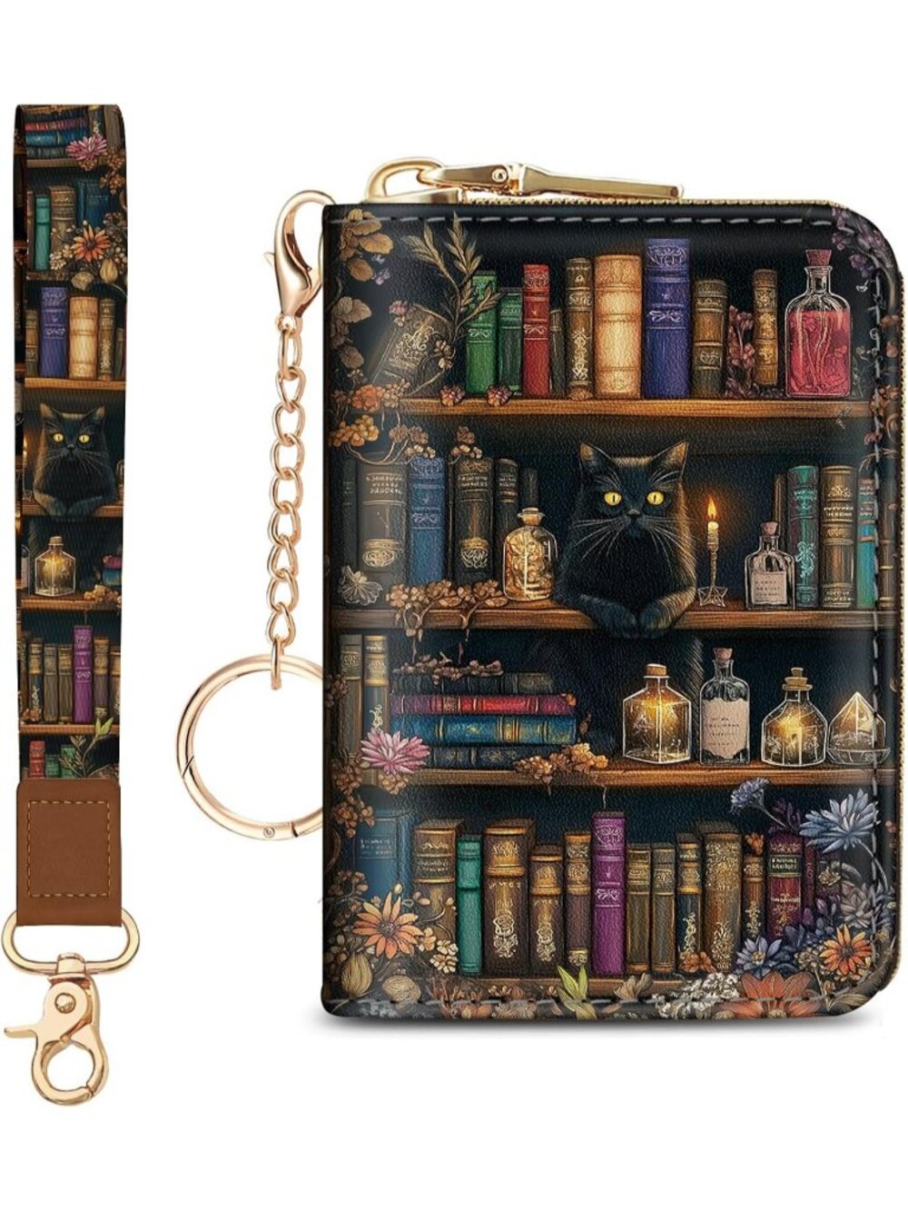 Women Bookshelf Cat RFID Credit Card Holder Bird Keychain Travel Zipper Wallet